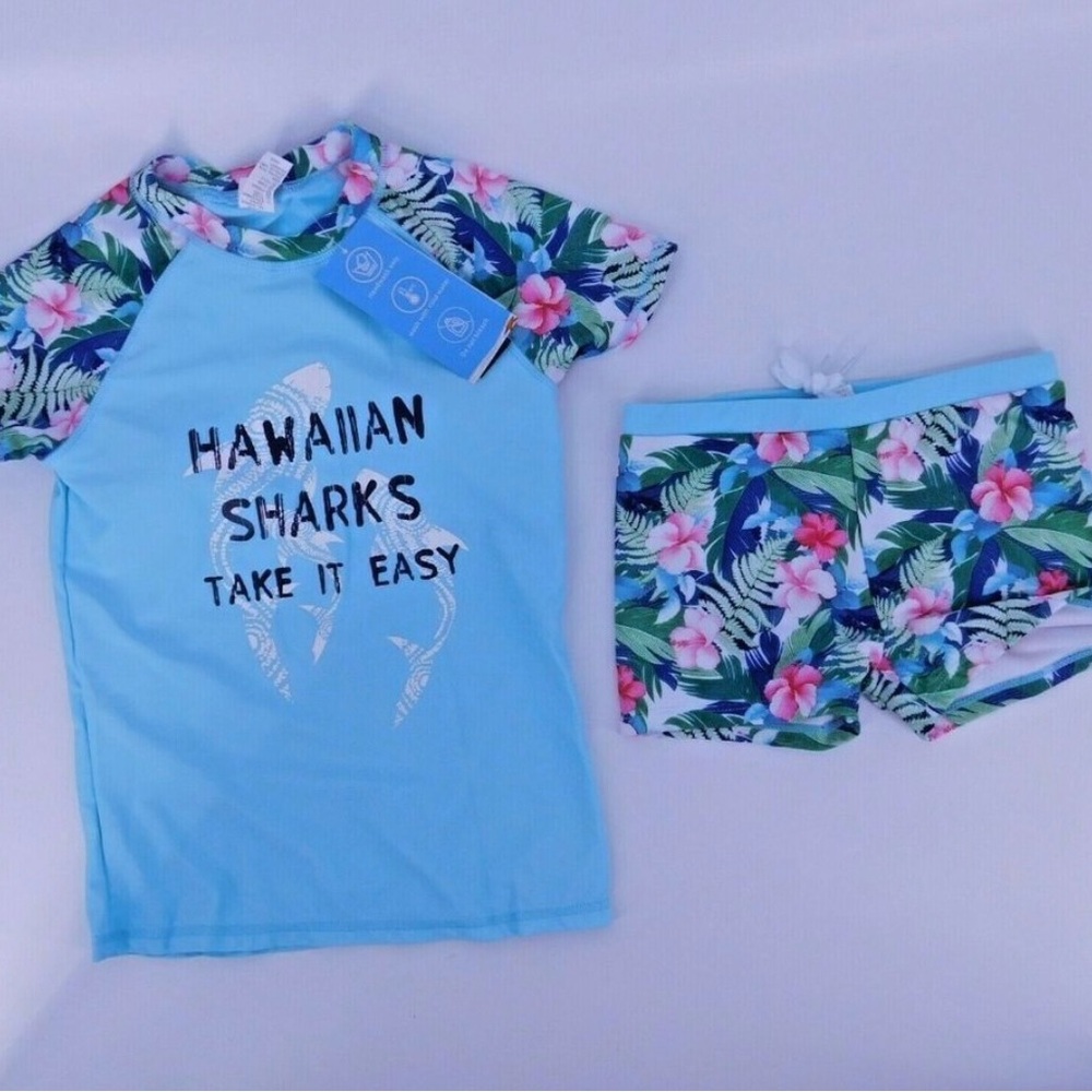 Phibee Swimsuit Girls Size 8 Blue Beachwear Drawstring 2 Piece Boy Shorts.